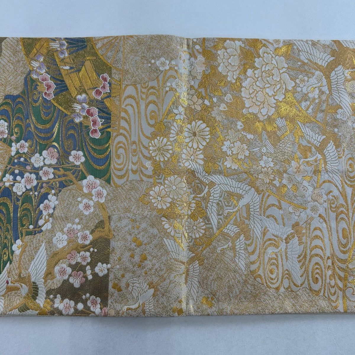 袋帯 美品 秀品 扇 鶴 金糸 箔 ベージュ 六通 正絹 【中古
