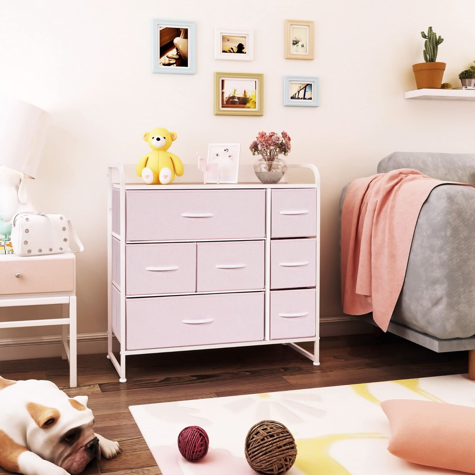低ホルム 転倒防止 リビング収納 衣類収納 引き出し 布製 3段7杯 幅80×奥行29×高さ79cm タンス チェスト 収納 ピンク LYNCOHOME