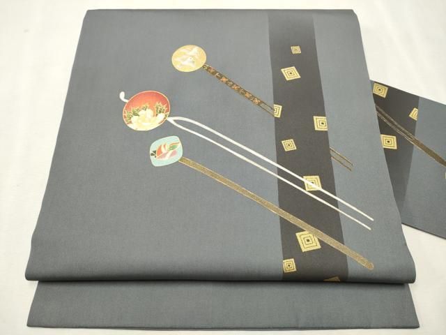 平和屋着物○塩瀬 九寸名古屋帯 簪 花鳥文 金彩 正絹 逸品 CAAV7132hy