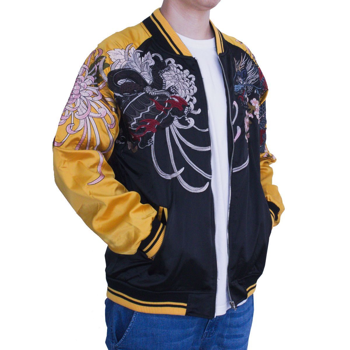 Mサイズ　ゴールド　スカジャン スカジャン 虎 鳳凰 龍 イエローゴールド 和柄 四神 朱雀 玄武