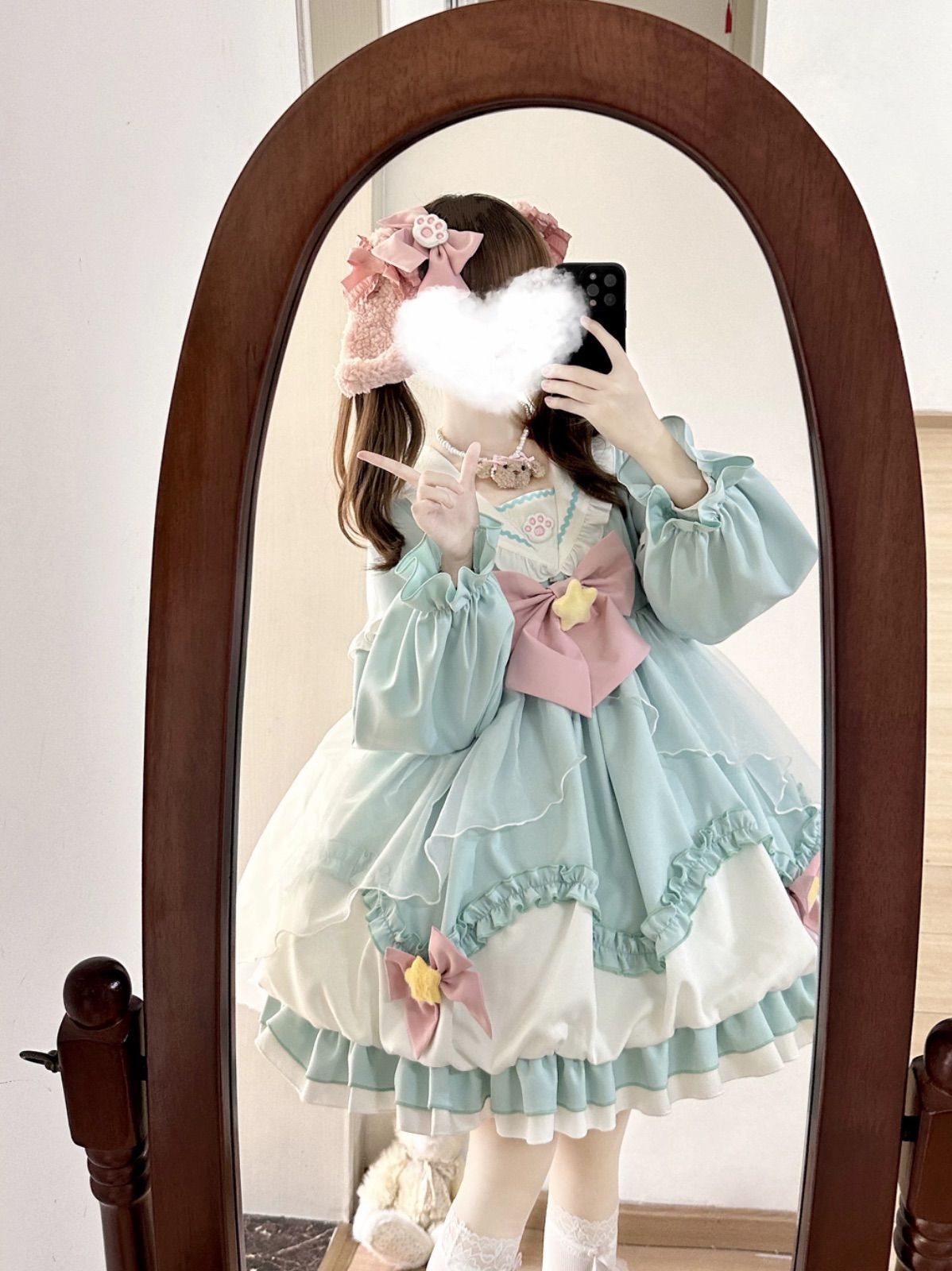 ゆめかわ パステルグリーン 長袖 ドレス リボン 姫 華ロリ サブカル 服 ガーリー系 ドレス ロリータ ロリィタ バンギャ ハロ