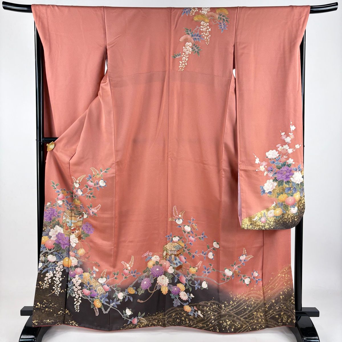 振袖 身丈165cm 裄丈68cm L 袷 貝桶 琴 金彩 ぼかし サーモンピンク 正絹 秀品