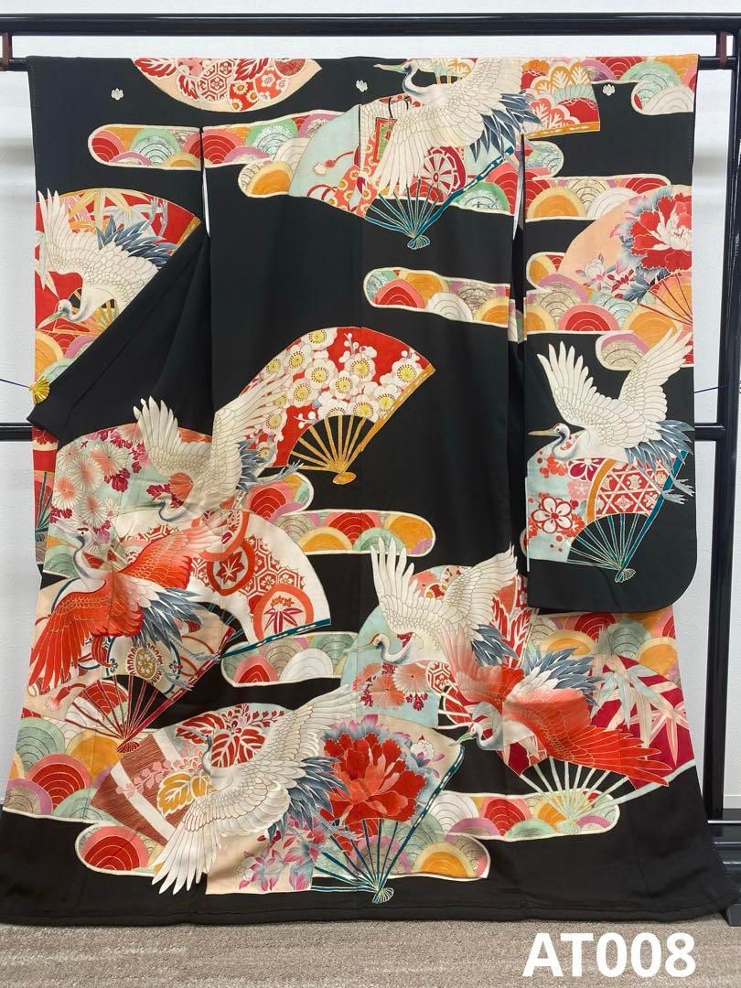 アンティーク 振袖 金駒 金彩 銀彩 刺繍 鶴 正絹 身丈167cm 紋付
