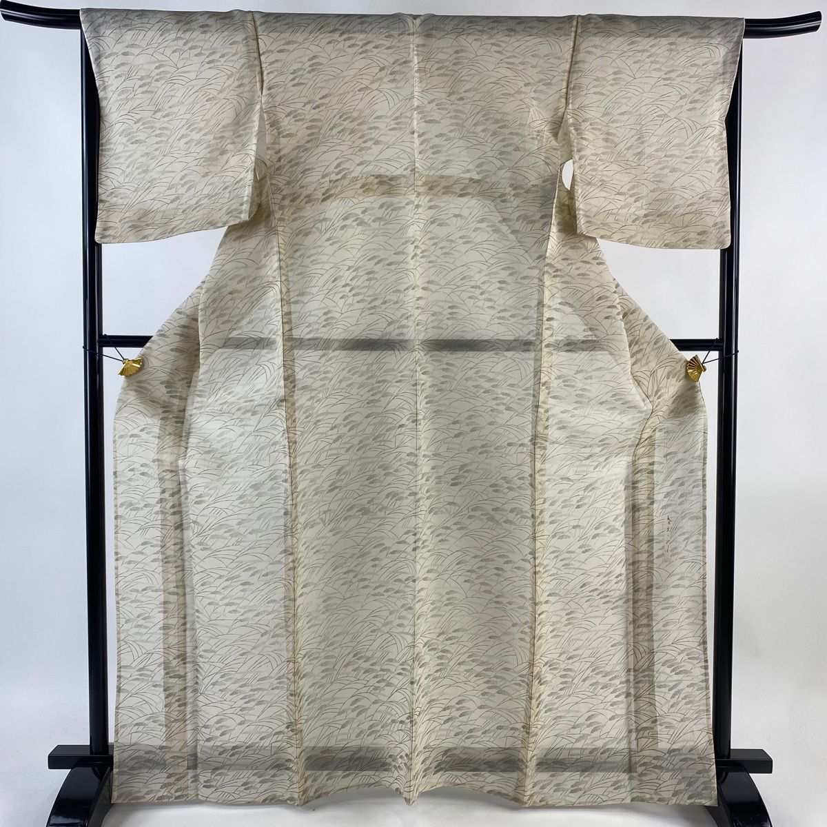 小紋 身丈165cm 裄丈66cm M 袷 川村久太郎 夏紬地 落款 葉柄 ベージュ  