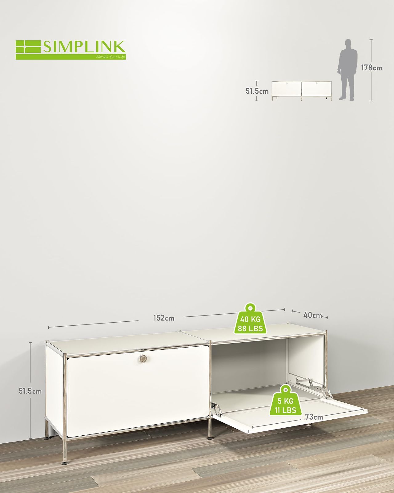 リビング オフィス 寝室用 DIY組立 モダンデザイン 北欧風 大容量収納キャビネット フラップ扉付き アイボリー 幅152cm×奥行40cm 金属ローボード SimpLink