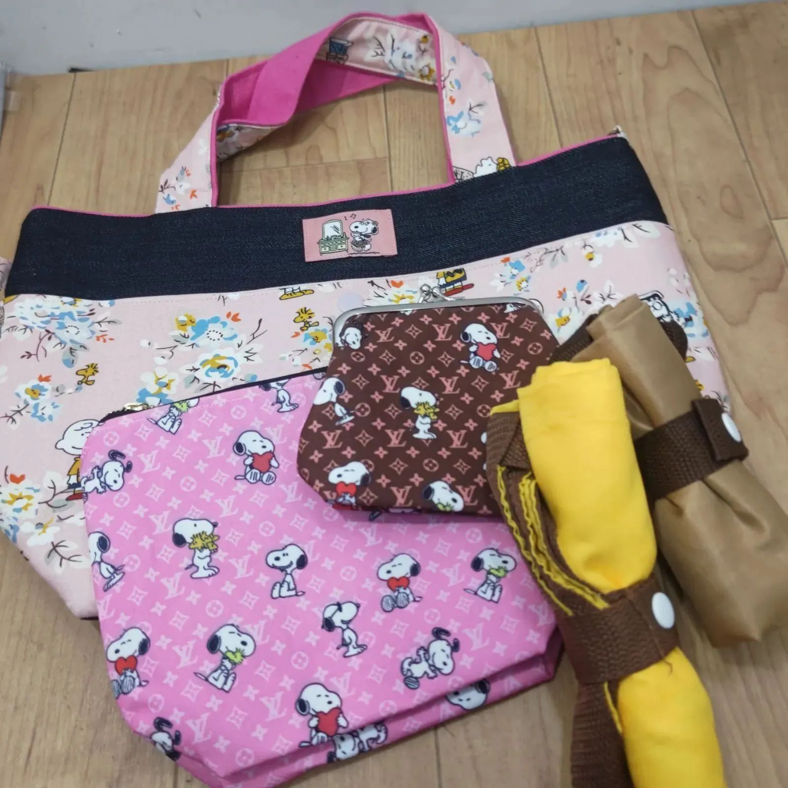 S93696  スヌーピー  ハンドバッグ セカンドバッグ ハンドメイド エコバッグ 小銭入 5点セット 鞄 まとめ 美品