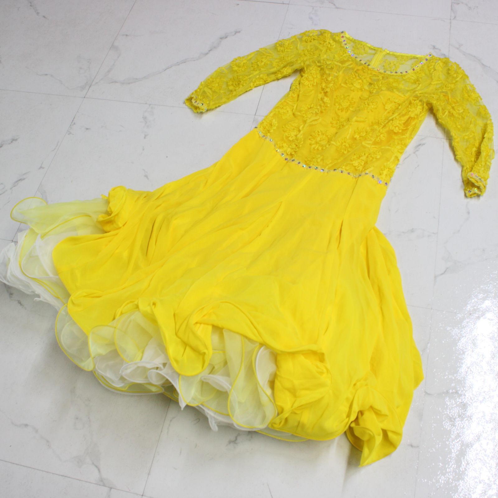 美品 社交ダンス衣装】ワンピース ドレス イエロー 黄色 レース