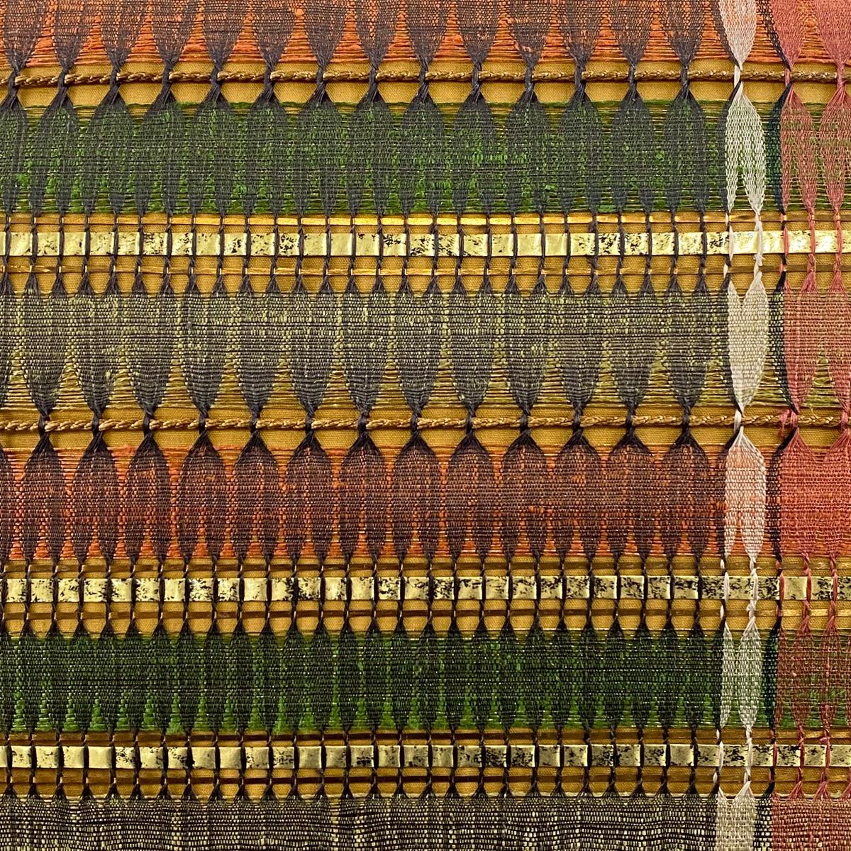 袋帯 秀品 渡文 落款 すくひ 幾何学模様 箔 金糸 赤茶 お太鼓柄 正絹