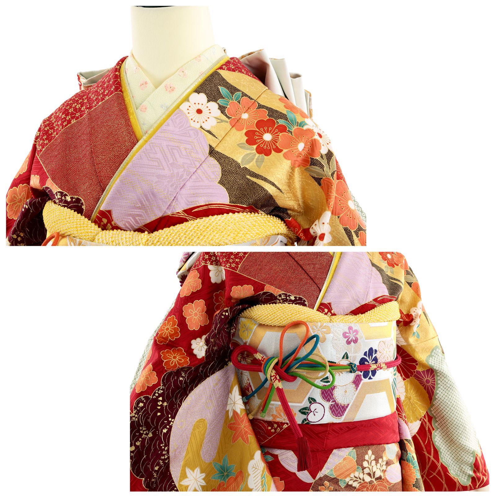 ◇お値下げ◇ 振り袖 セット 振袖 振袖セット USED振袖 赤 古典柄 金駒刺繍 松竹梅 7点フル