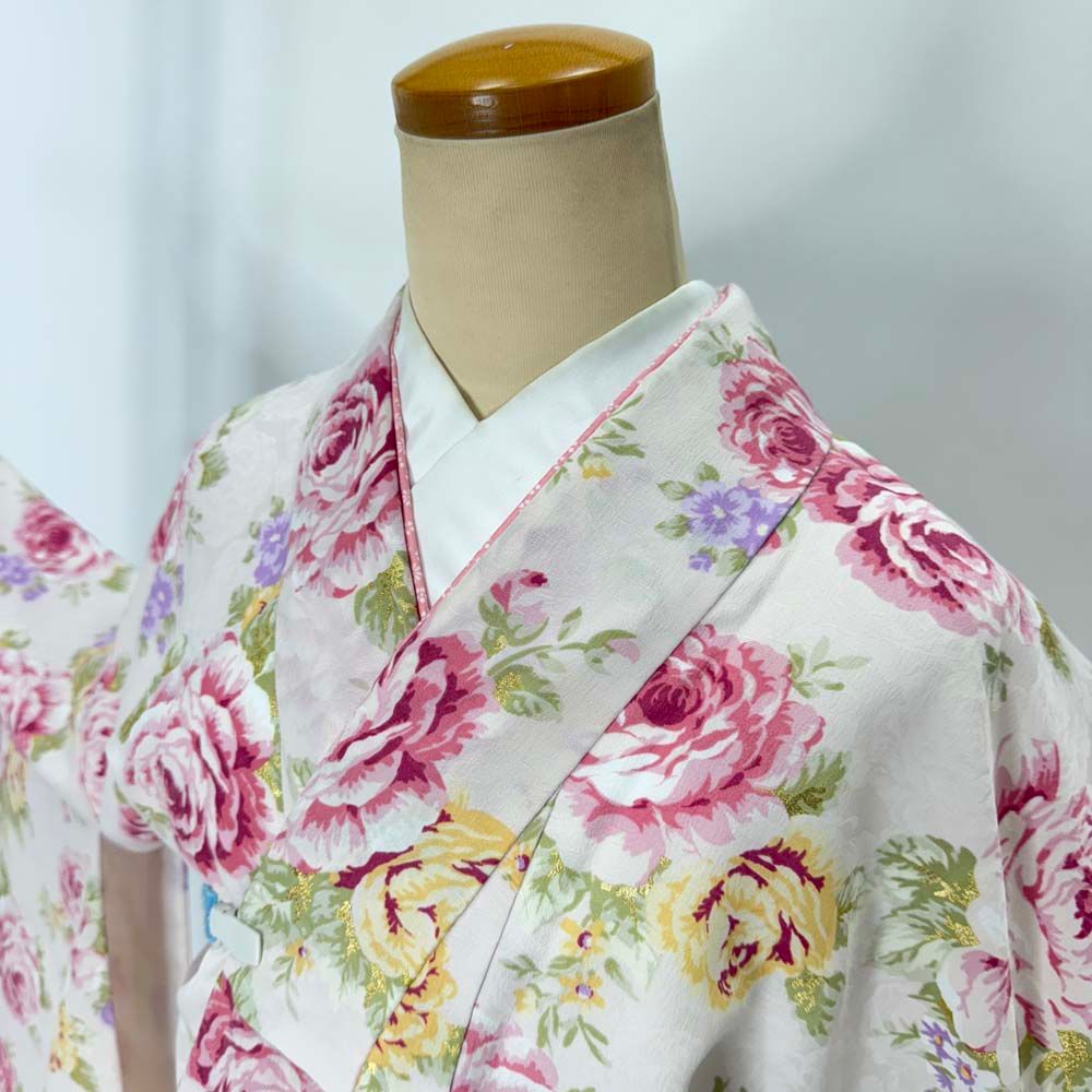 二尺着物 袴用着物 卒業式 裄66.5㎝ 中古 着物のみ　白　花柄ｎ-30 二尺着物 袴用着物 卒業式 裄66.5㎝ 中古 着物のみ 白 花柄n-30