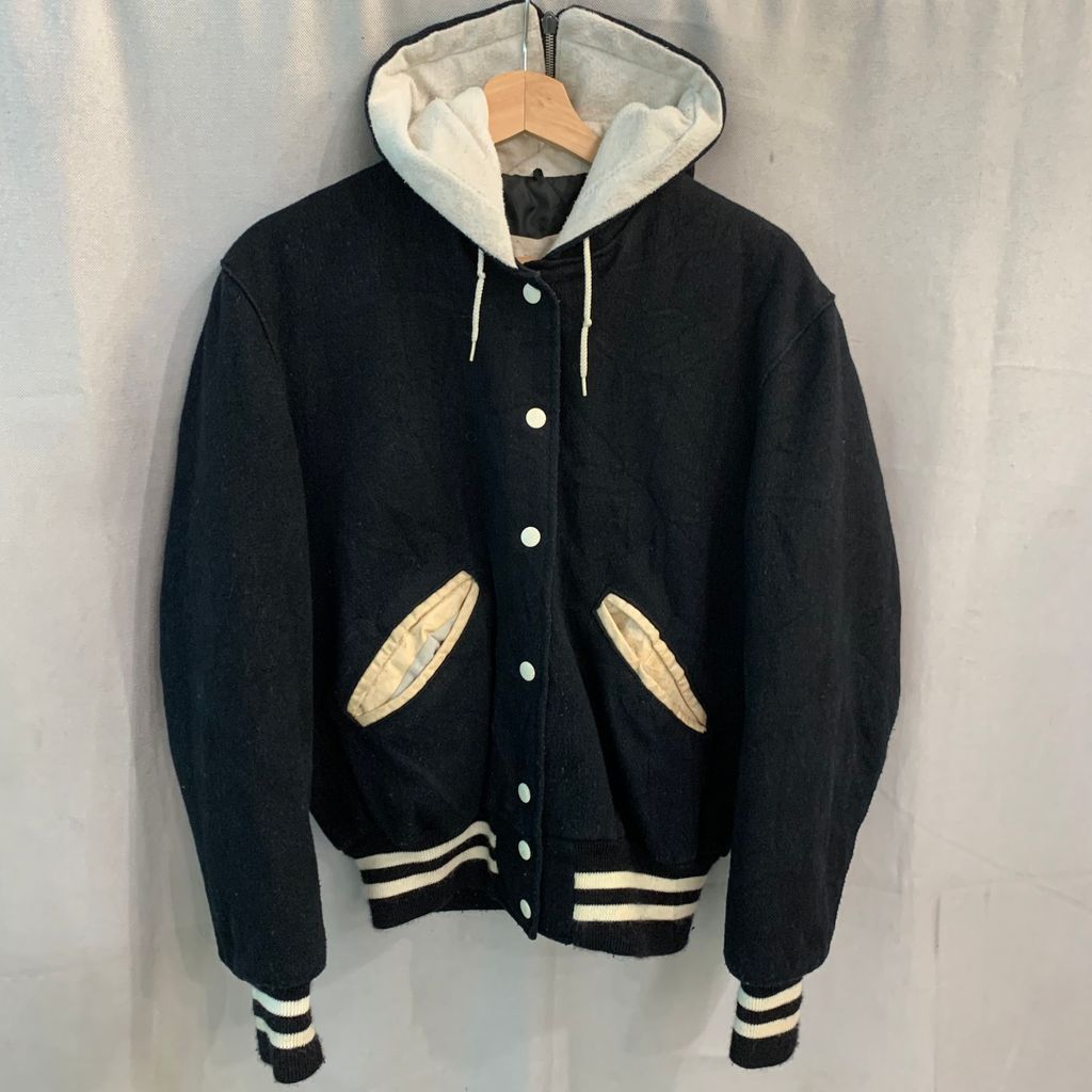 80s~ デロング De LONG スタジャン フード付き アワードジャケット 黒 白 Black White 38 サイズ No.I407