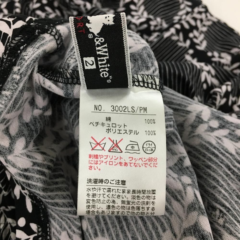 Black & White Sportswear - 【超美品】ブラックアンドホワイト 半袖タートルネックワンピース 黒×ライトグレー リーフサークル柄 コットン100％  レディース 2(M) ゴルフウェア Black＆White 超美品】ブラックアンドホワイト 半袖タートルネックワンピース