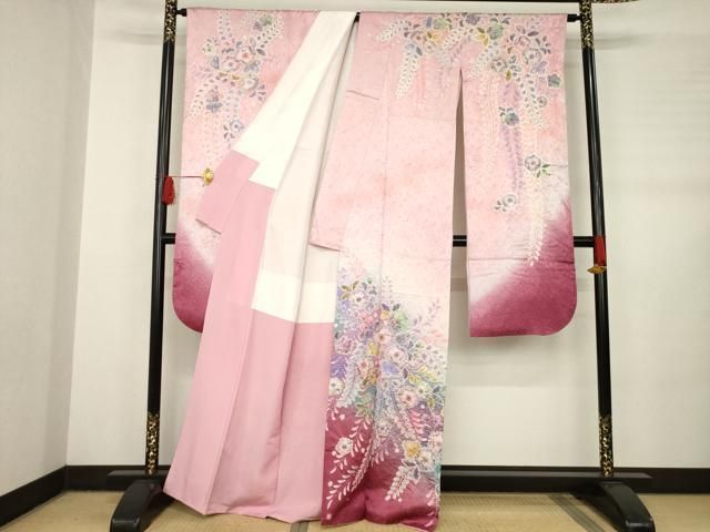 平和屋着物 伯河貞雄 振袖 辻が花 絞り 舞花文 暈し染め 金通し地 正絹 AABB7325ck