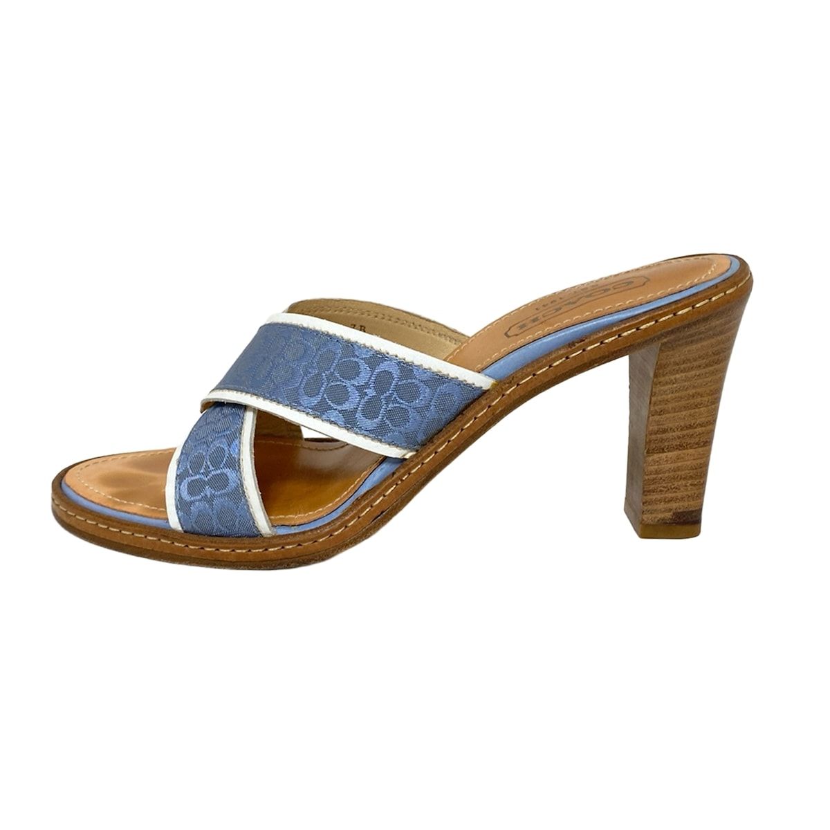 COACH コーチ ミュール 7 B レディース - ライトブルー×白 ミニシグネチャー柄 レザー