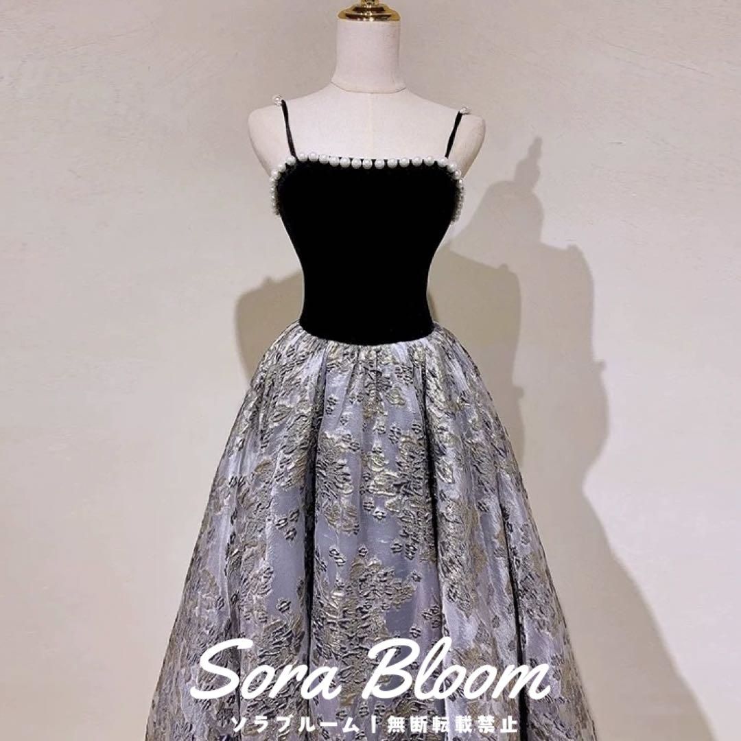 パールに花柄に裾のラインがオシャレで可愛い イブニングドレス 【公式