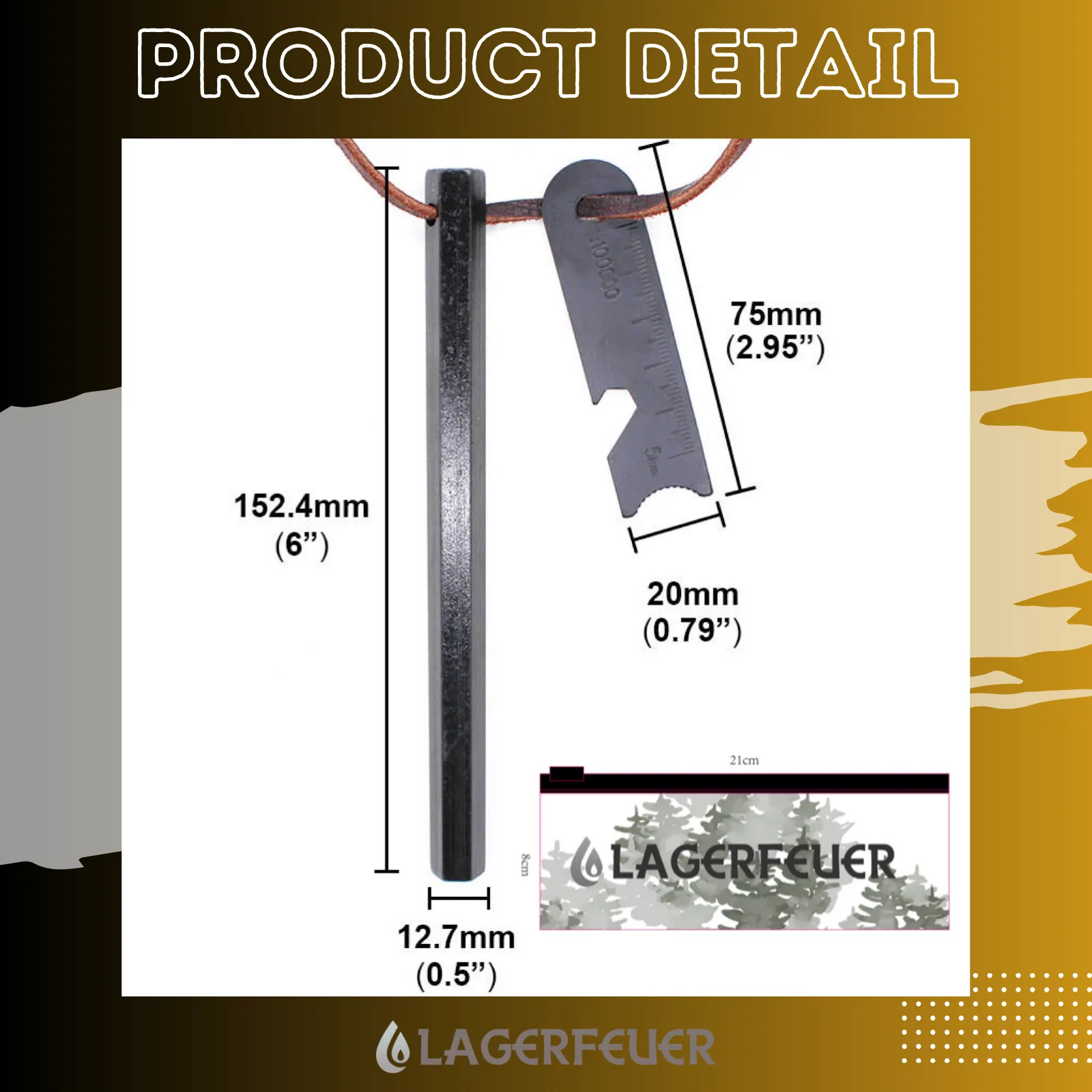 LAGERFEUER ヘキサ型 ファイヤースターター 六角 フェロセリウム 本革 レザーコード 火打石 ブッシュクラフト サバイバルツール 152mm