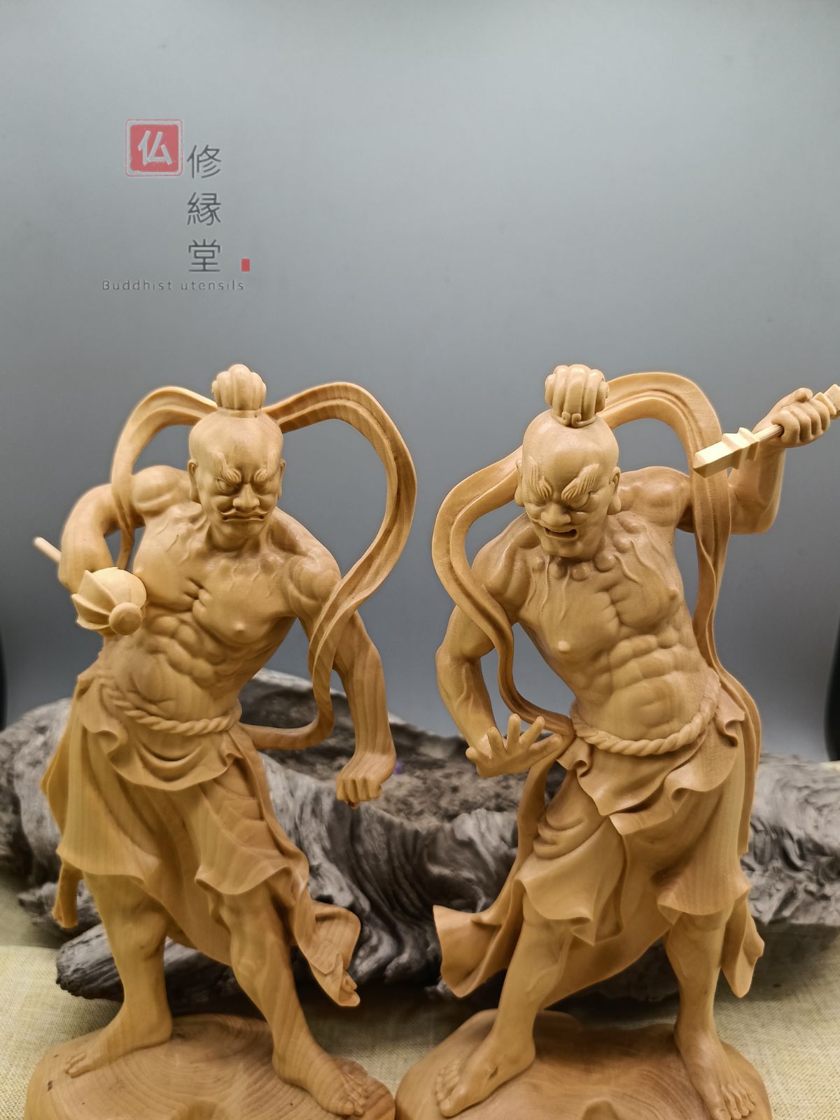 修縁堂】珍品 木彫り 仏像 仁王像 金剛力士像一式 彫刻 仏教工芸