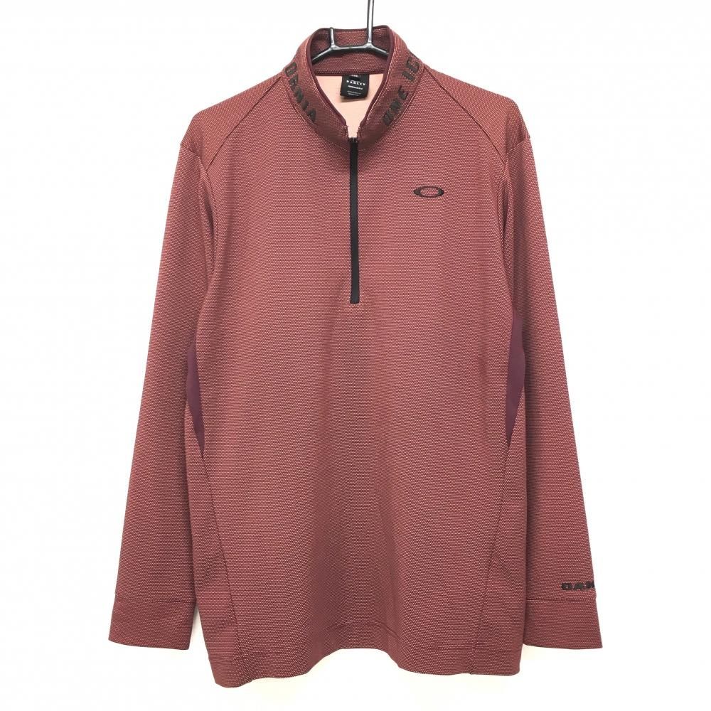 全国無料，定番 【超美品】オークリー 長袖ハイネックシャツ ボルドー×ワインレッド ロゴ黒 スクエアドット ハーフジップ メンズ XL ゴルフウェア Oakley シャツ
