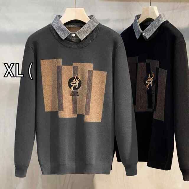 匿名配送 XL 秋冬 コーデ メンズ 服 シンプル ファッション オシャレ 大人 かっこいい 大きいサイズ ストリート 紳士服 フェイク ツーピース ビジネス カジュアル シャツ セーター スリム レイヤリング 思い出の品
