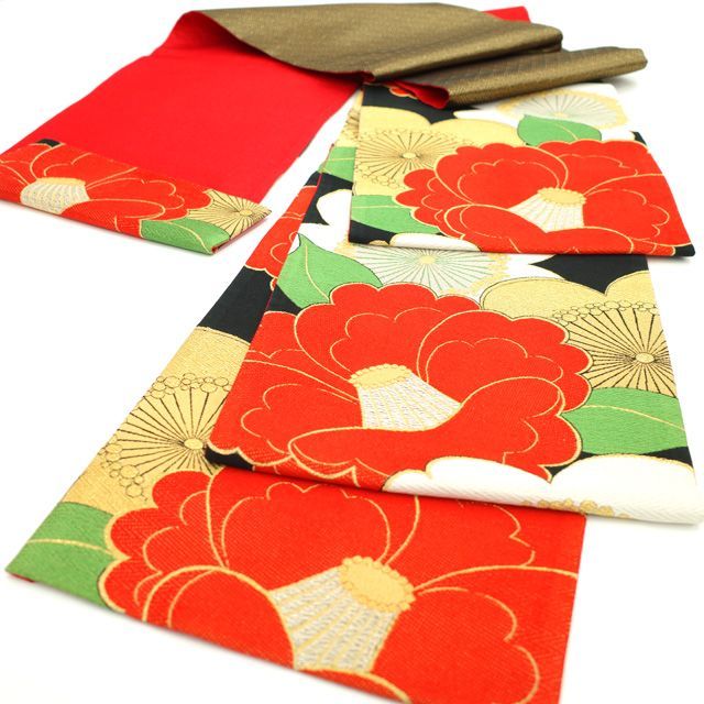 中古】すごい値！袋帯 振袖用 京都 西陣 正絹 金糸 黒地 赤 白 緑 椿  