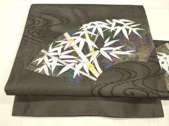 平和屋着物＊夏物 九寸名古屋帯 流水地紙笹竹文 黒地 金銀糸 正絹 DAAX8619cm