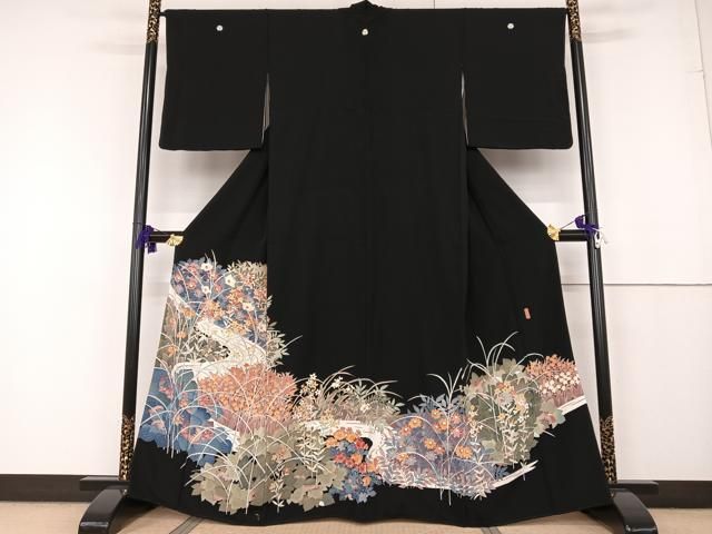 平和屋着物○本加賀友禅作家 押田正義 黒留袖 流水草花文 正絹 逸品 