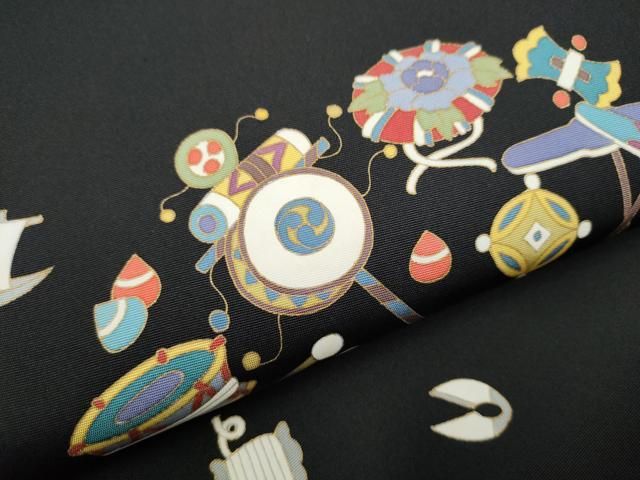 平和屋着物○塩瀬 九寸名古屋帯 玩具文 黒地 金彩 正絹 逸品