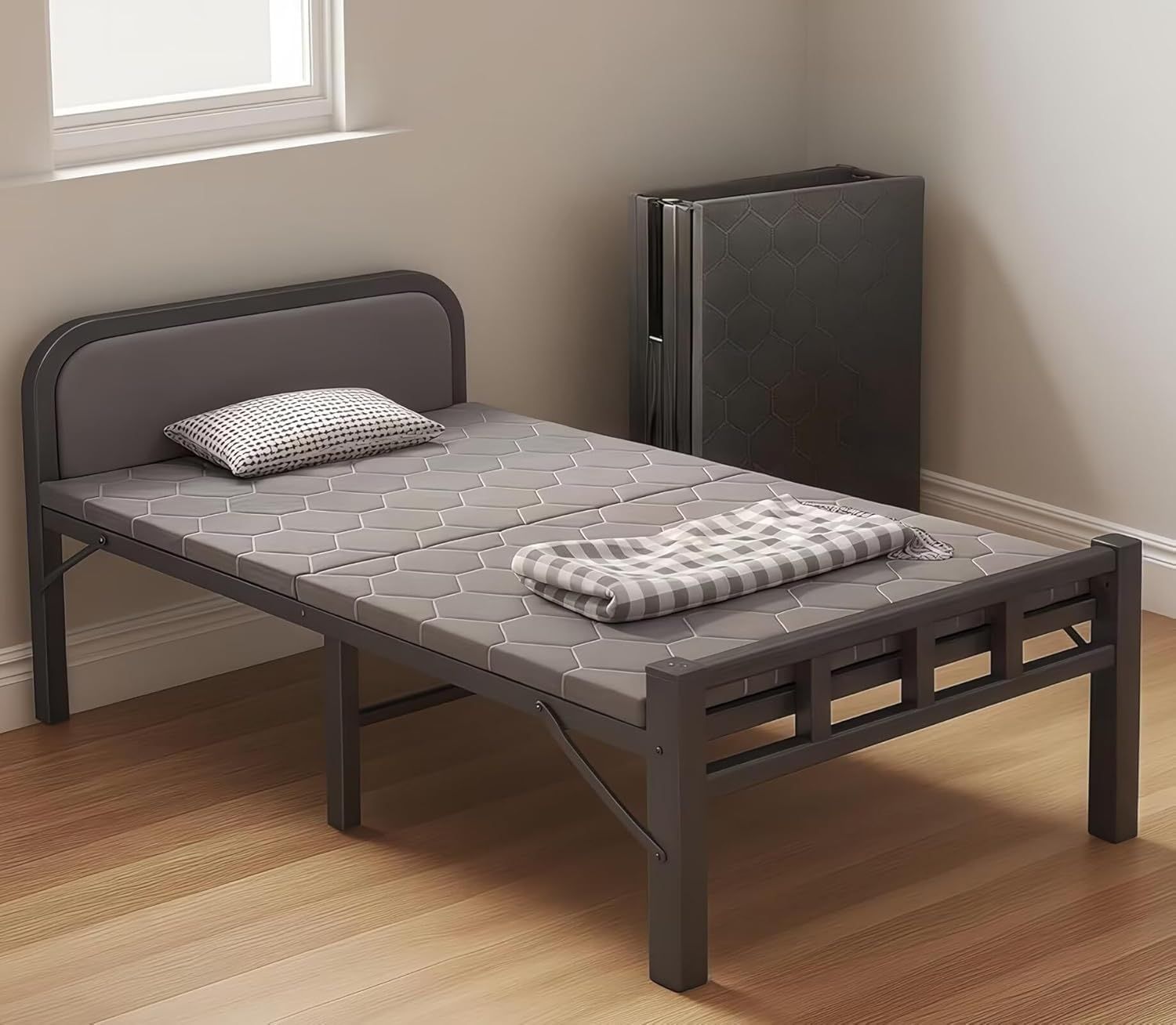 シングルベッド 折りたたみ 簡易ベッド 幅90 CM コンパクト収納 人体工学 頑丈で耐久性 安定 静音 通気 完成品 組み立て不要 仮眠用 来客用 一人暮らし 室内外兼用 ブラック 190 x 90 37 3