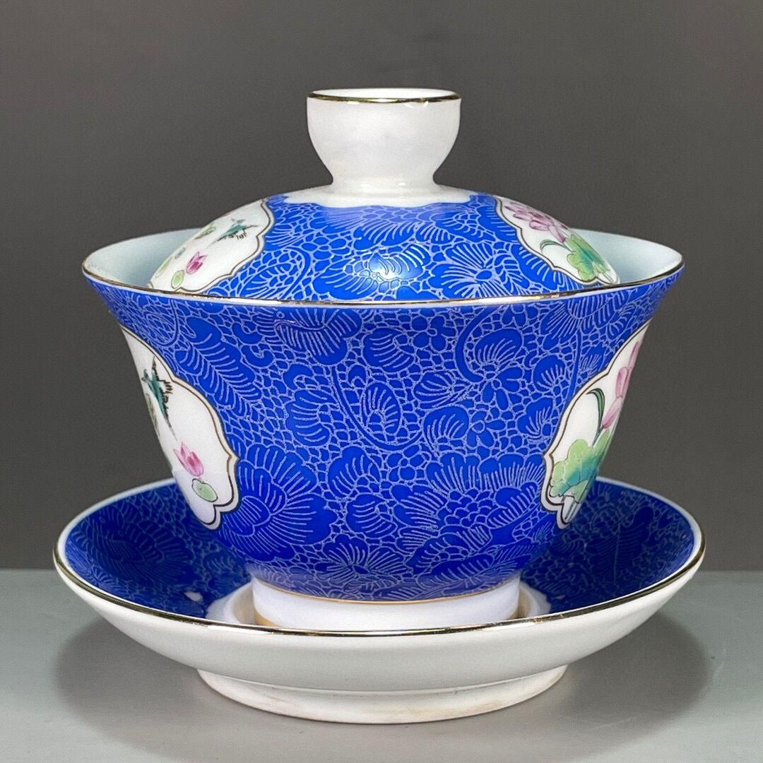 花卉図紋三才蓋碗 中国茶器 景德鎮 蓋付き 茶器 飲茶 食器 新品未使用