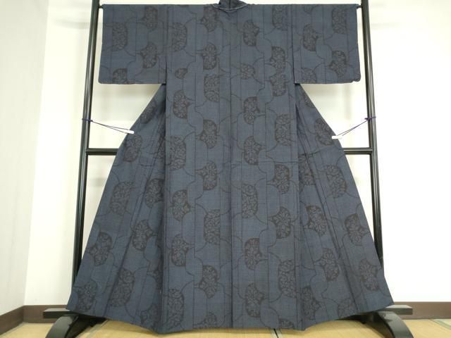 平和屋着物 結城紬 単衣 地紙花文 80亀甲 正絹 DAAV5778az