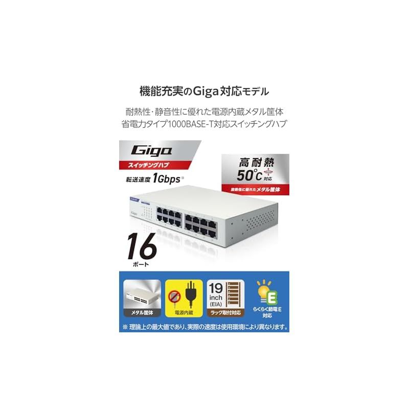 エレコム スイッチングハブ ギガビット 16ポート 電源内蔵 金属筺体 簡易パッケージ EHC-G16MN2A-HW 1