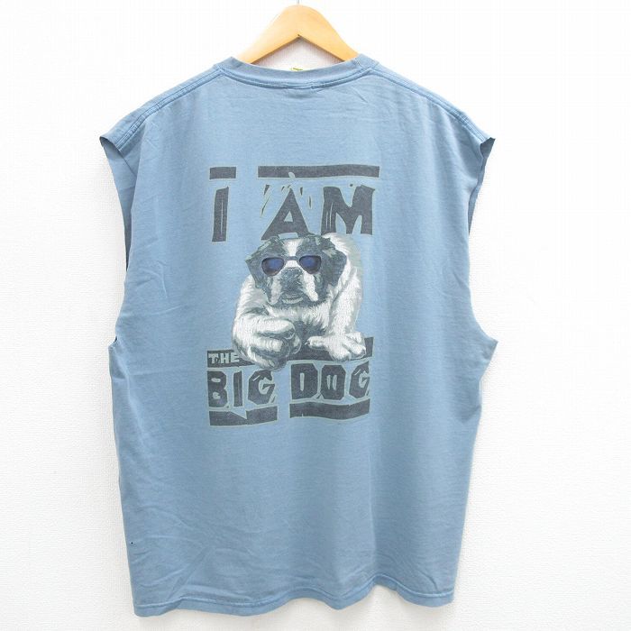 XL/古着 ビッグドッグズ ビンテージ ノースリーブ Tシャツ メンズ 00s ワンポイントロゴ 犬 大きいサイズ コットン クルーネック 薄紺 ネイ