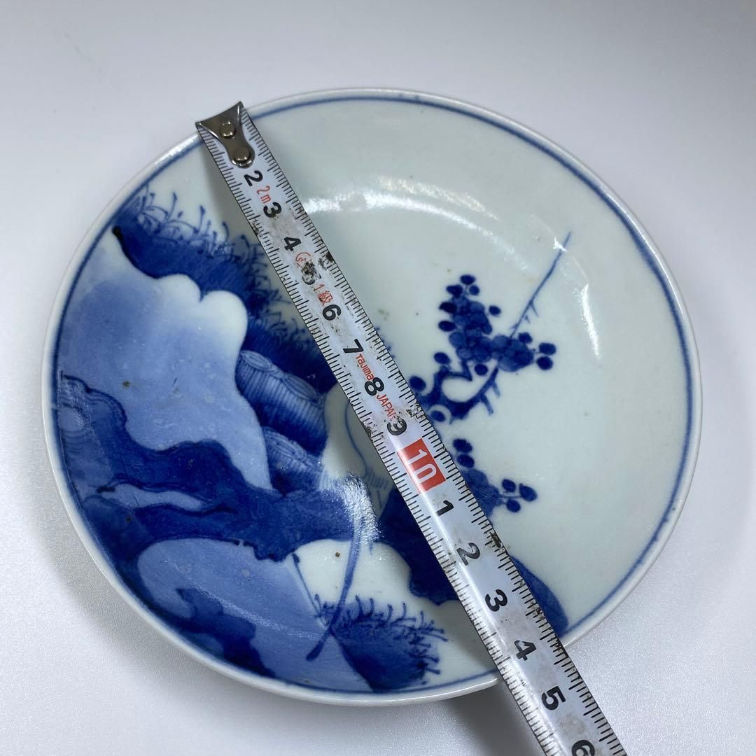 江戸中期 藍九谷上手鷺の図中皿 木箱付 幅約14.5㎝ 東Y6-0910☆2F 江戸