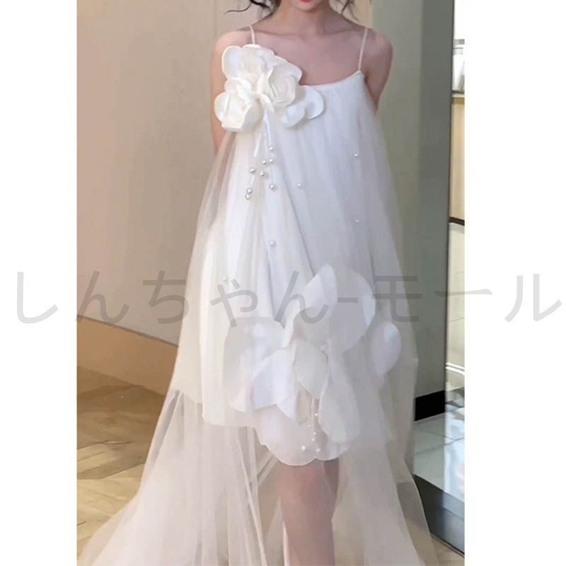 ♥ ウエディングドレス aライン ミニ丈 透け感 白 袖なし キャミソールドレス 花 コサージュ 花嫁 結婚式パーティードレス ブ