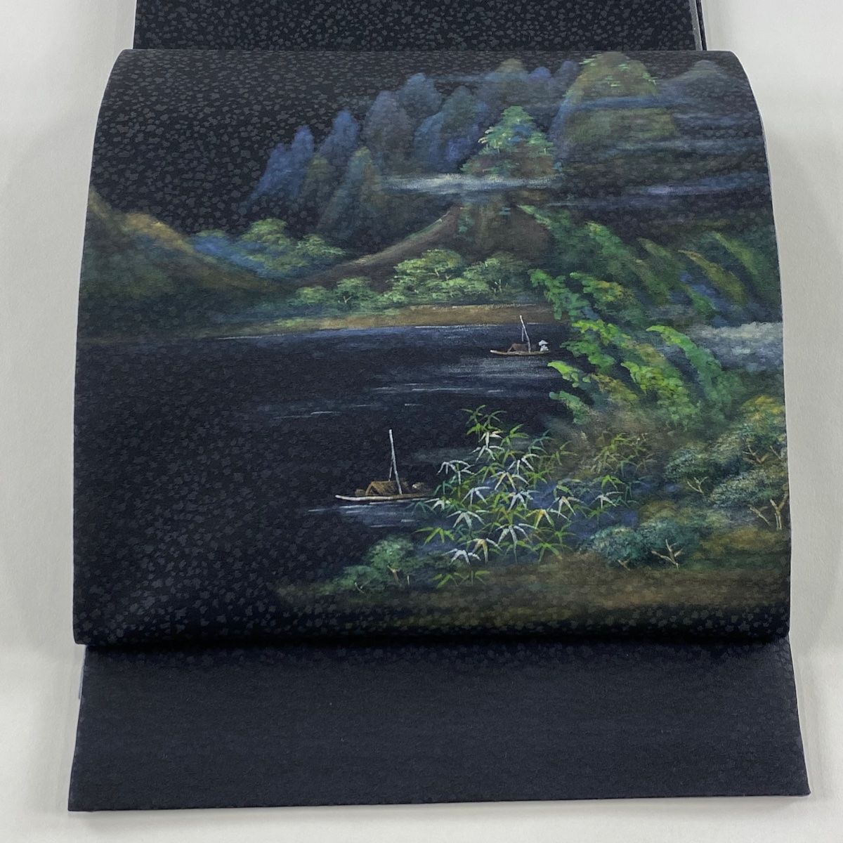 袋帯 秀品 落款 風景 舟 銀彩 黒 お太鼓柄 正絹
