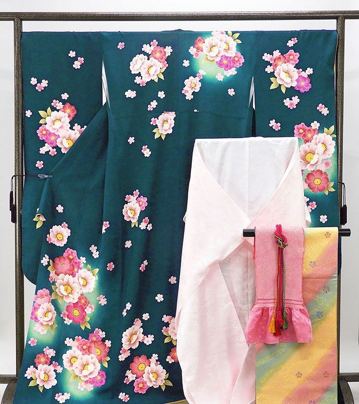 振袖 正絹 椿桜模様 5点セット 身丈170.5cm 裄丈68cm 袋帯 長襦袢