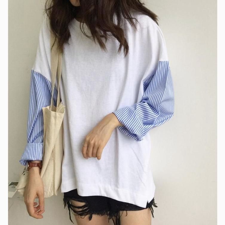 カットソー レディース シャツ 袖 ストライプ トップス 切り替え 異素材 フリーサイズ おしゃれ 上品 30代 40代 卒業式 カットソー レディース シャツ 袖 ストライプ トップス 切り替え