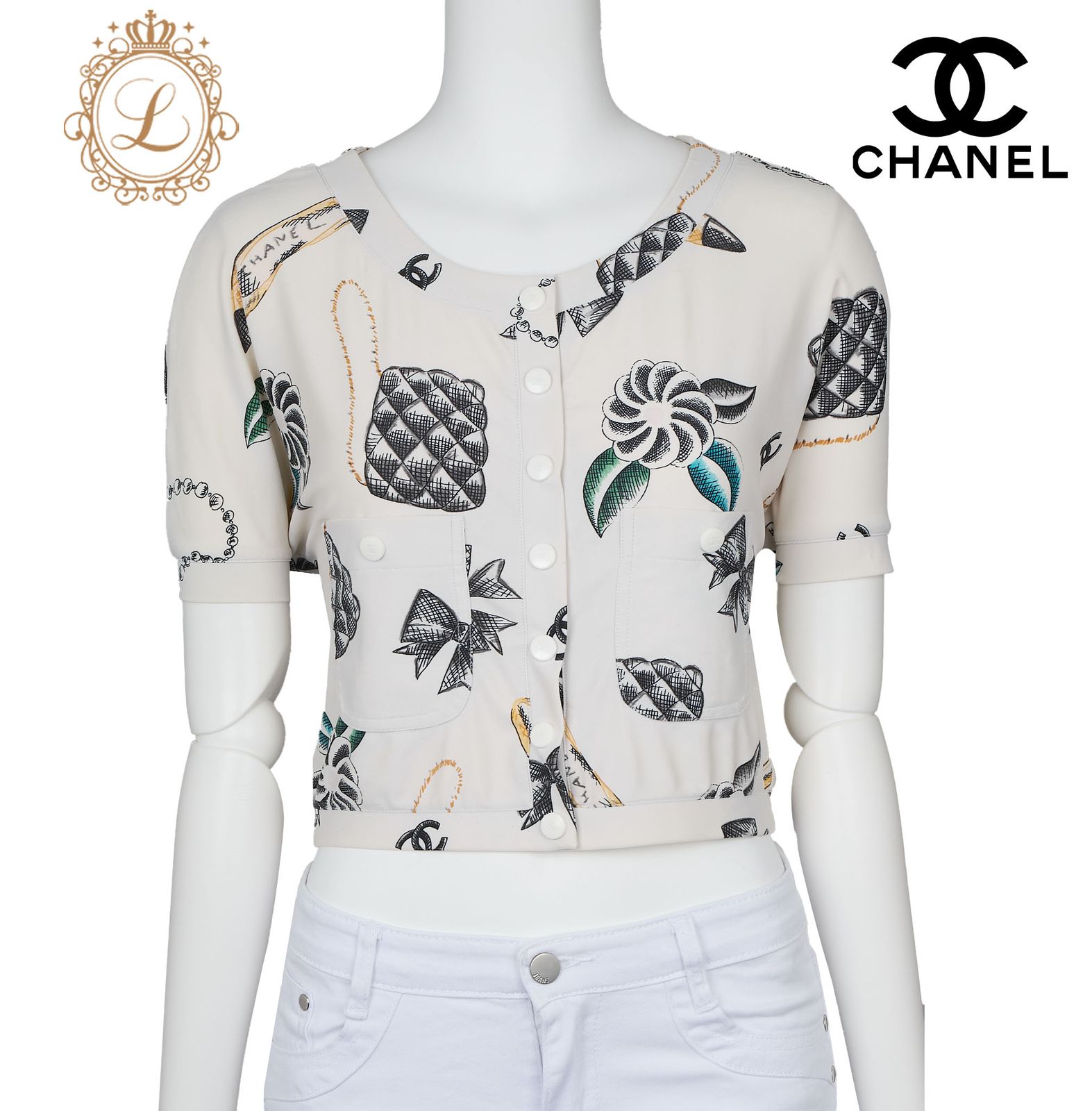 返品可】CHANEL シャネル ココボタン 総柄 クロップド丈 トップス ココマーク リボン Tシャツ 半袖 カットソー 白 ブランド アパレル -  メルカリ