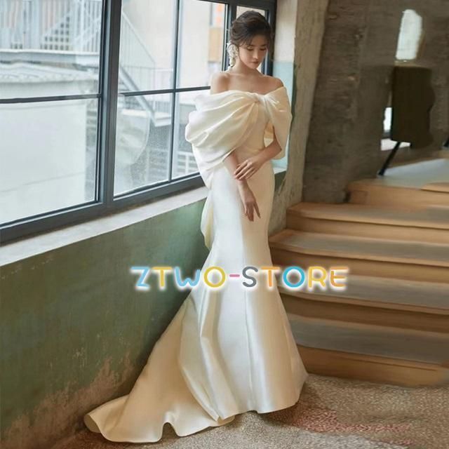 ウェディングドレス マーメイド オフショルダー ウェディングドレス 大きいサイズ 3L ウェディングドレス 二次会 袖あり シンプル リボン