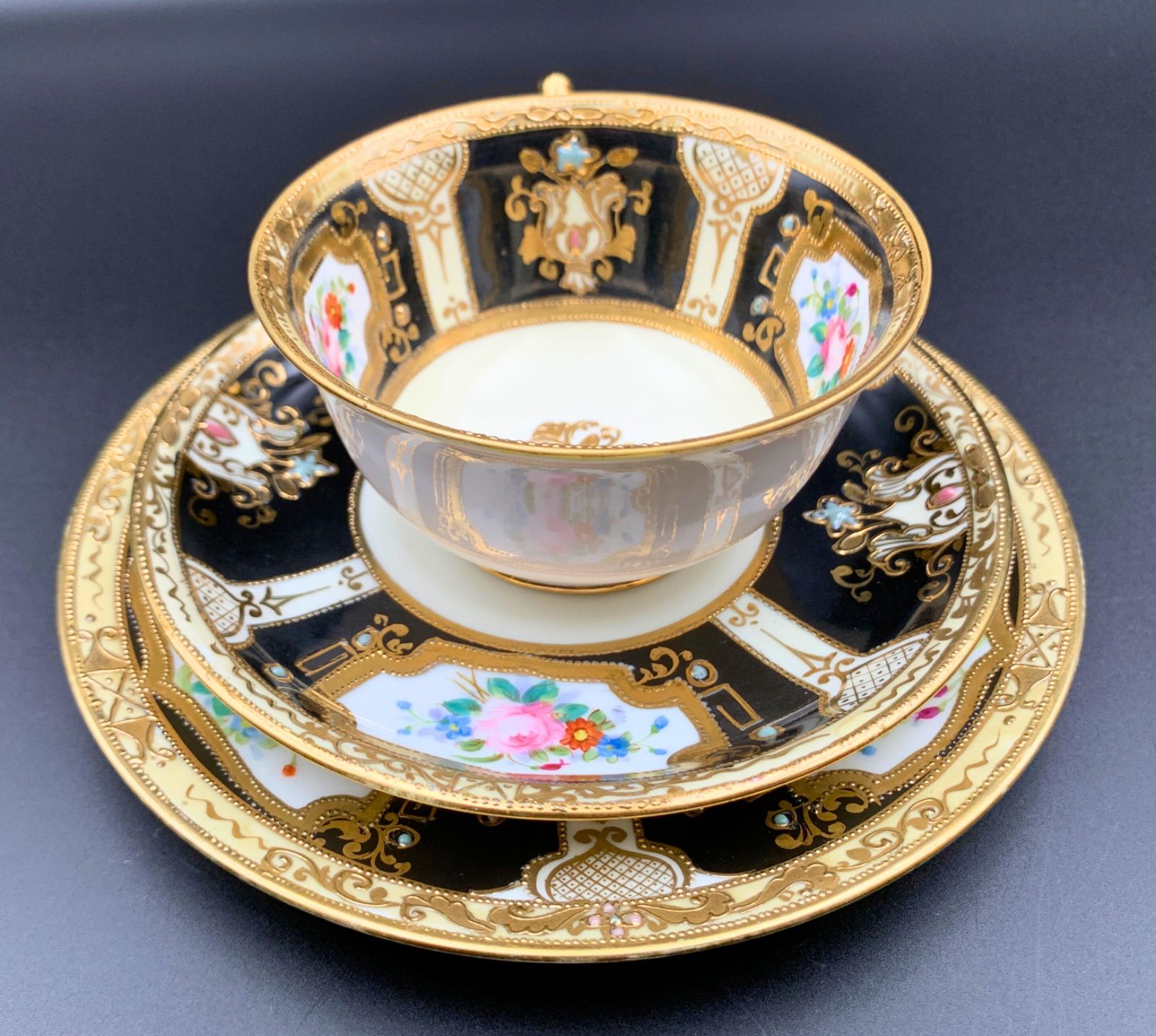 里帰りオールドノリタケ 金彩 ターコイズ 取っ手付き花瓶 花模様 希少