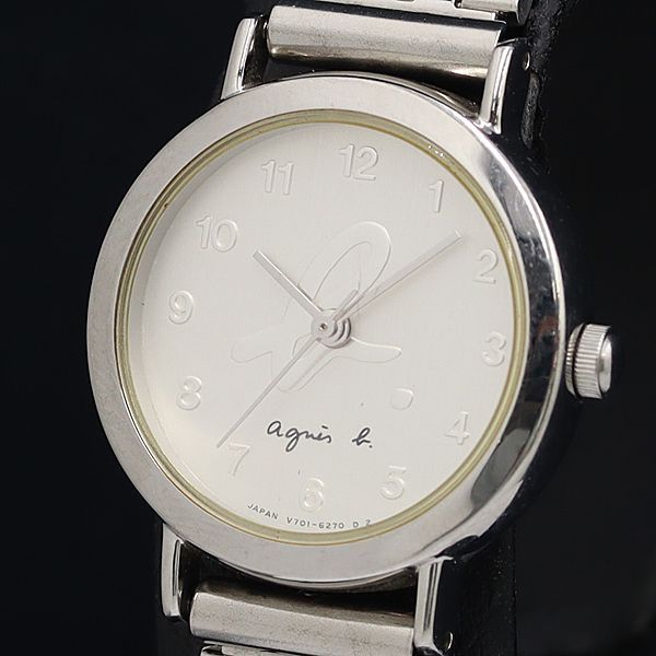 稼動 良品 アニエスベー QZ シルバー文字盤 V701-6850