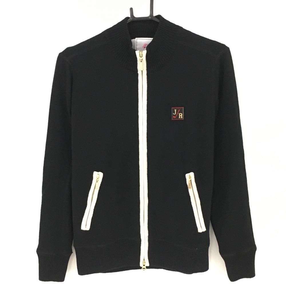 【超美品】ジュンアンドロペ ニットブルゾン 黒×白 蓄熱裏地 ウール混 レディース L ゴルフウェア JUN＆ROPE