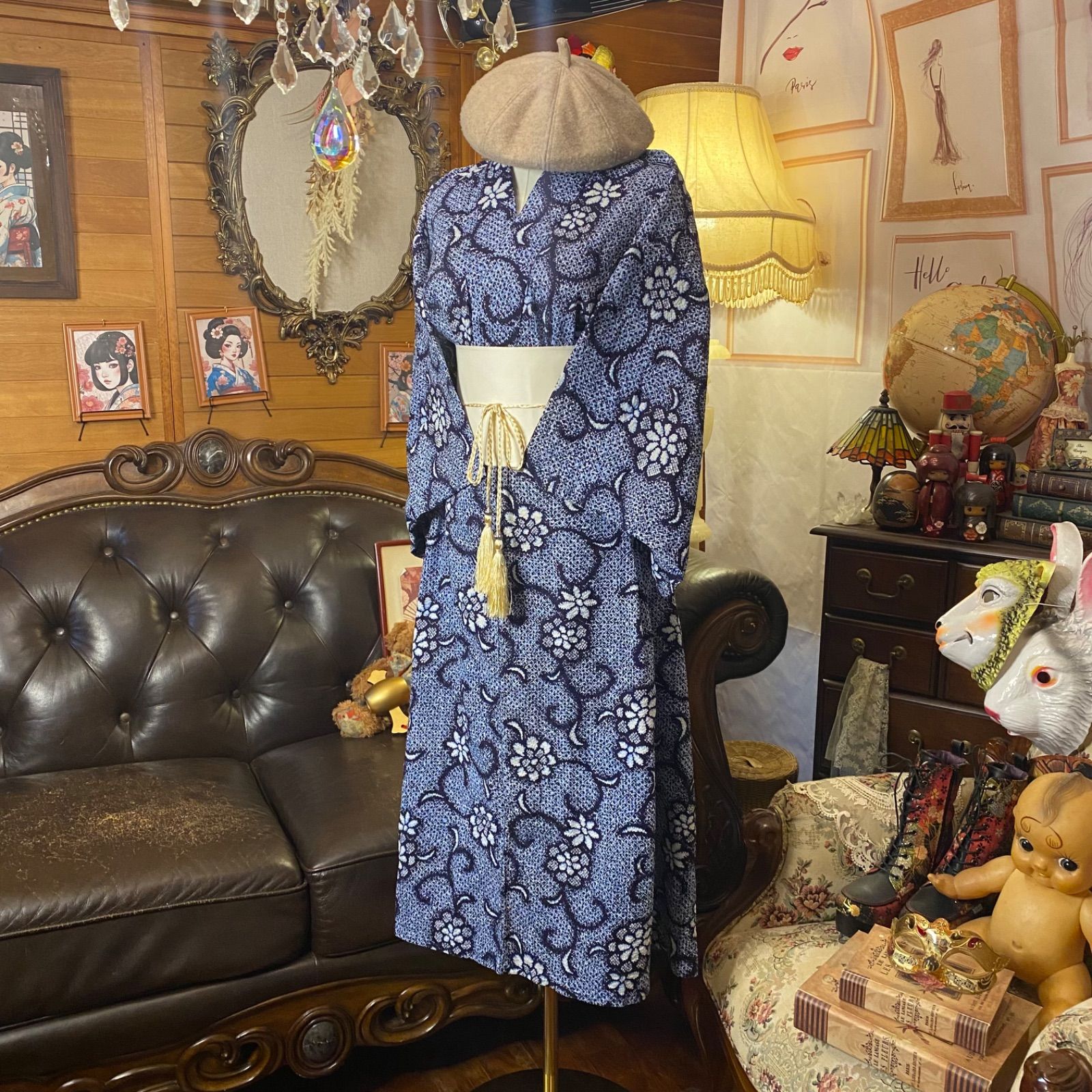 リップル絞り浴衣リメイク 注文 セミロング ワンピース／ドレス／帯サッシュベルト 和洋折衷 レトロ 古着 ハンドメイド 唐草の曲線と白い小花 W-637