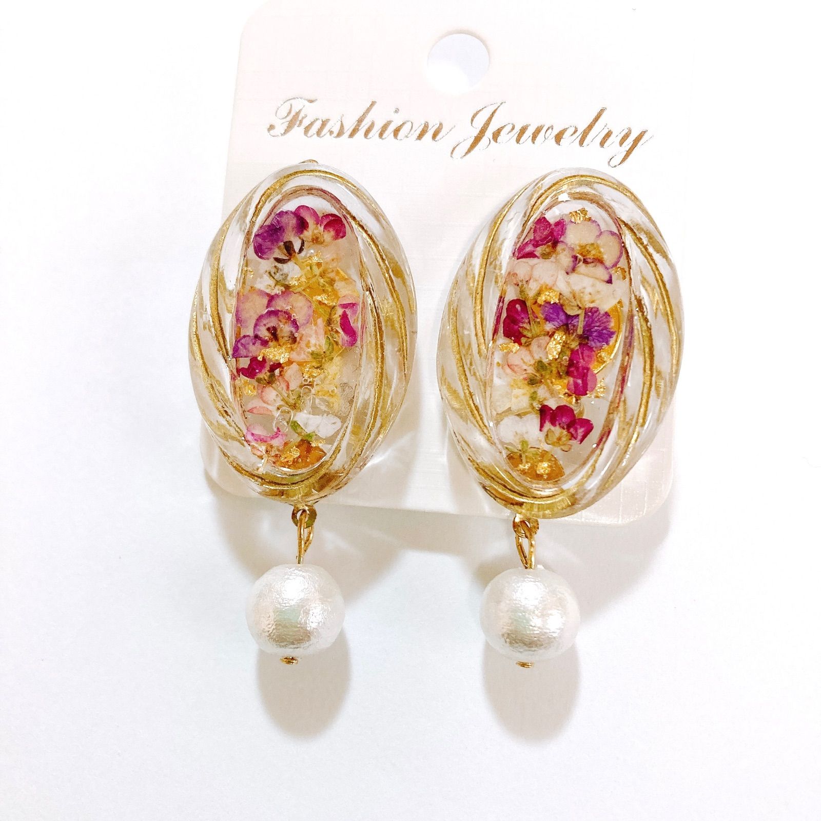 Ｎｏ．139 レジン 押し花ピアス アリッサム コットンパール 【91%OFF