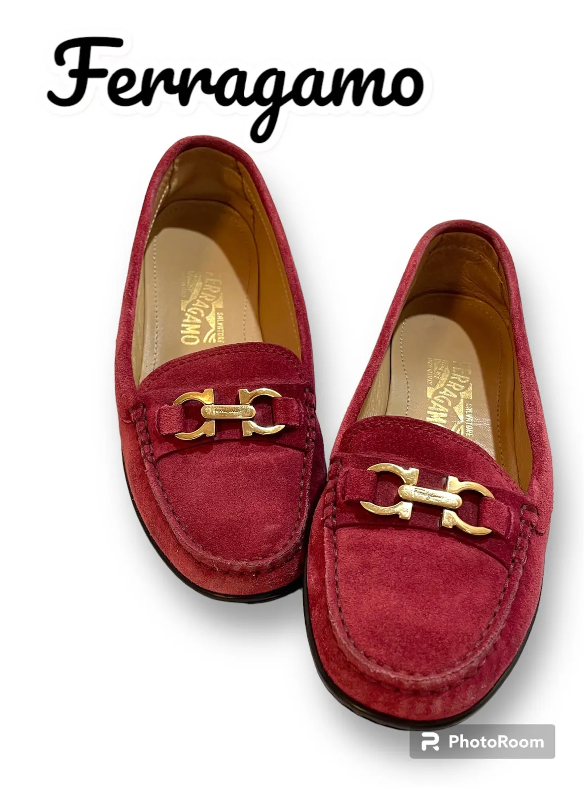 希少 美品 Salvatore Ferragamo 赤 ローファー ガンチーニ Ferragamo レディース ローファー レッドスエード シューズ ガンチーニ