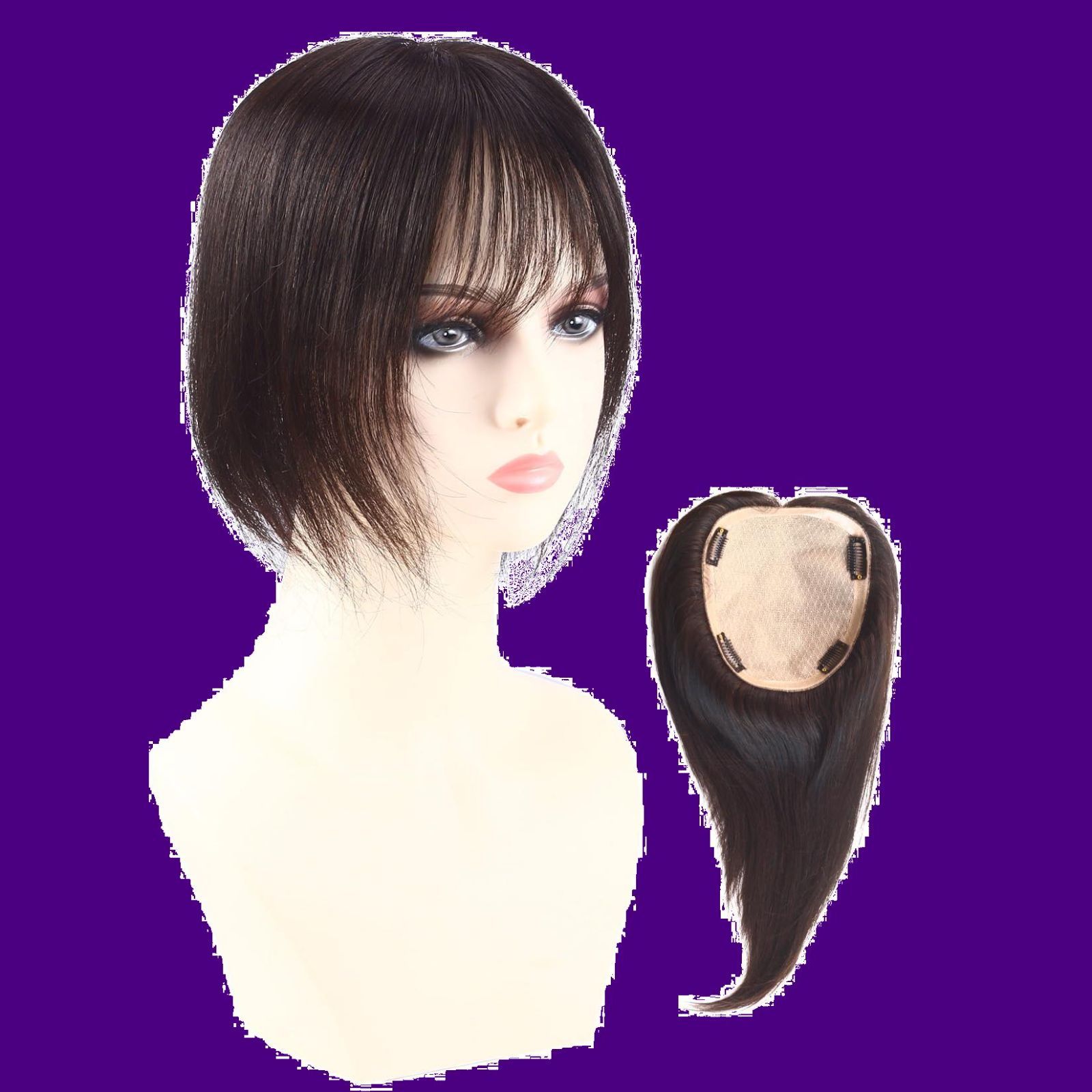 人気商品 つむじ付き ヘアピース 女性 白髪隠れ 医療用 前髪あり 分け目自然 ワンタッチ リアルスキン 通気性 広範囲 総手植え ベースサイズ横16cm縦18cm 人毛 20cm 部分ウィッグ 栗色 HIYE
