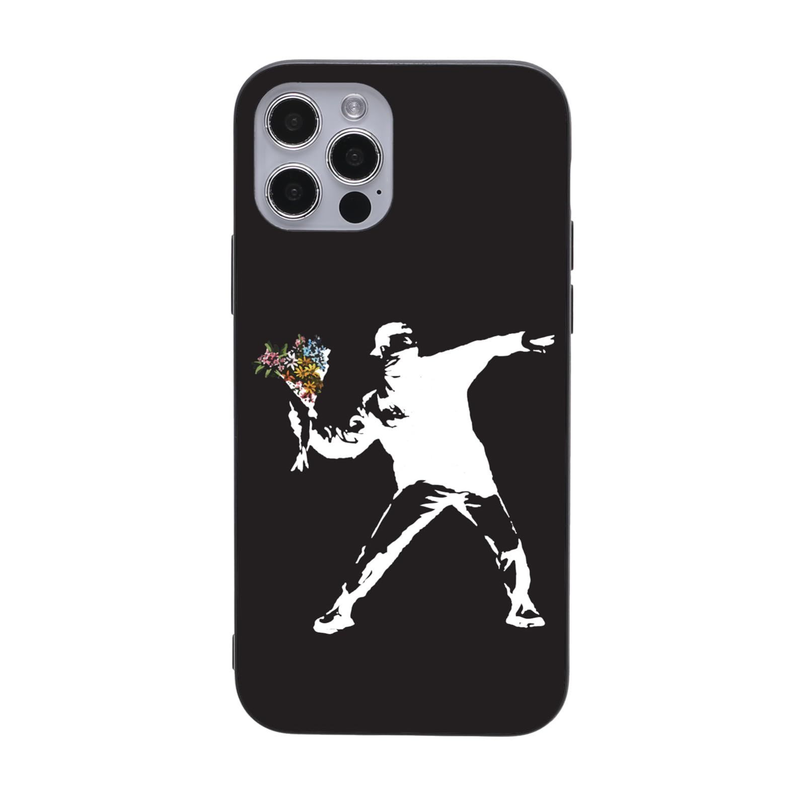 【人気商品】[ijcompany] iPhone13対応 ケース 韓国 iPhone14対応 ケース TPU アクリル ガラス Banksy バンクシー 花を捨てる少年 レディース メンズ カバー (iPhone13/iPhone14対応 ブラック)