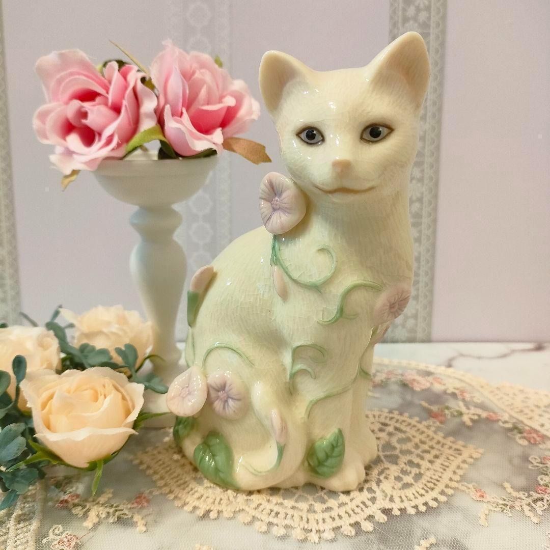 大きなサイズ LENOX レノックス 猫 白猫 陶器 置物 花 キャットCat-