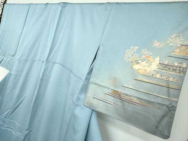 (葉月市❷) No.2453 未使用正絹作家物金彩古典楽器柄訪問着　落款　美品 袋帯 美品 逸品 雅楽器集め 刺繍 金糸 黒 六通 正絹｜中古・古着