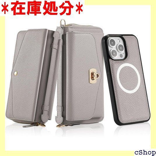 iPhone15 Pro Max 用 ケース 手帳型 2つストラップ ハンドバンド ジッパー付き 12枚カード収納 RFID ブロッキング スキミング防止 マグネット式 多機能 ショルダーバッグ グレー 1449
